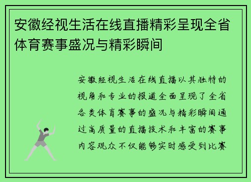 安徽经视生活在线直播精彩呈现全省体育赛事盛况与精彩瞬间